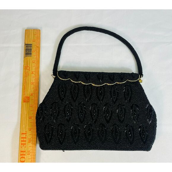 Vintage Hand Beaded Evening Bag Black Leaf Gold Hong Kong Handbag - Picture 11 of 12